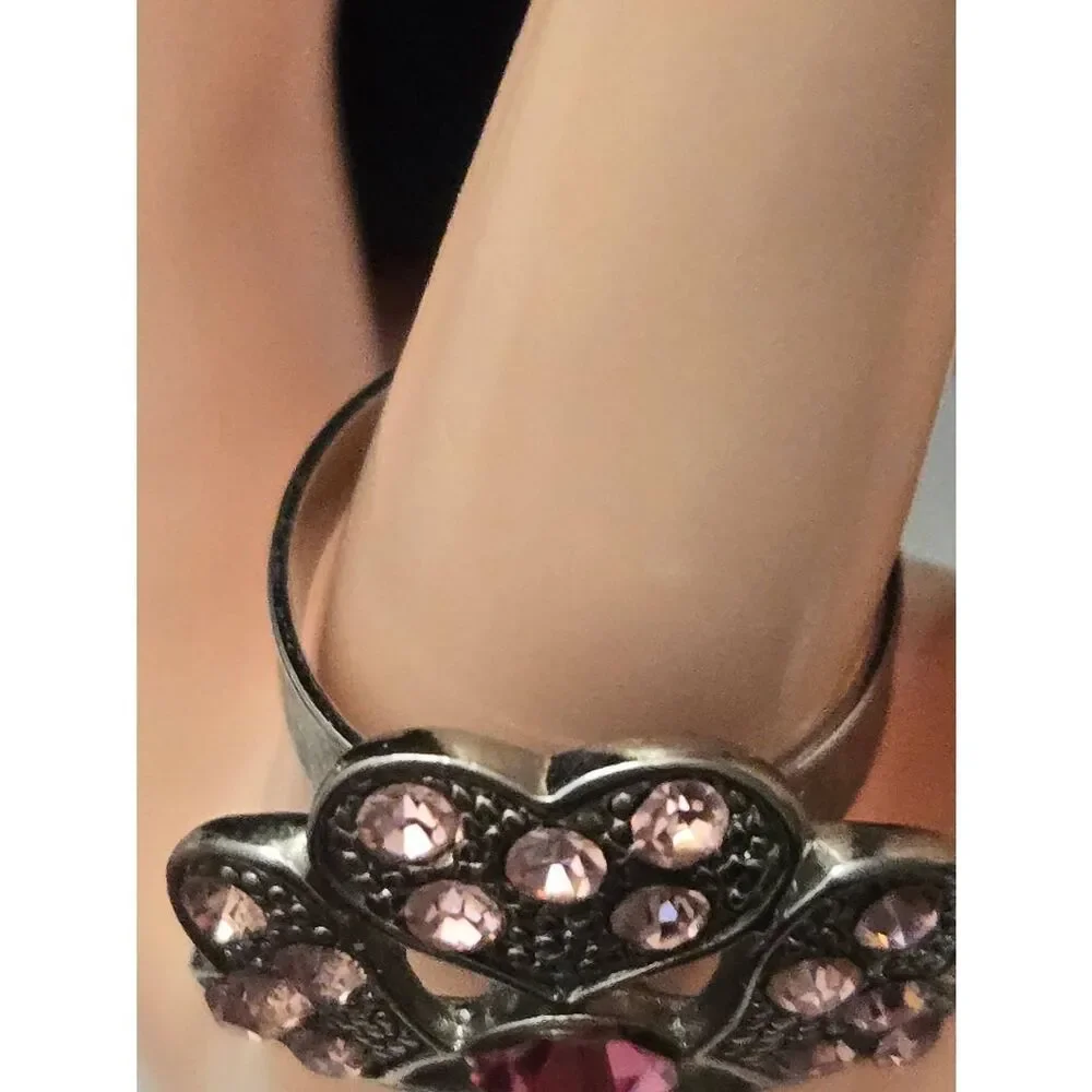Women's Vintage Pink Rhinestone Heart Flower Silver Tone Adjustable Ring